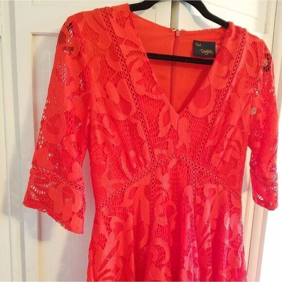 Just Taylor Red Valentine Lace Midi 1/2 Sleeve Dress Flare Handkerchief Hem - Picture 7 of 10